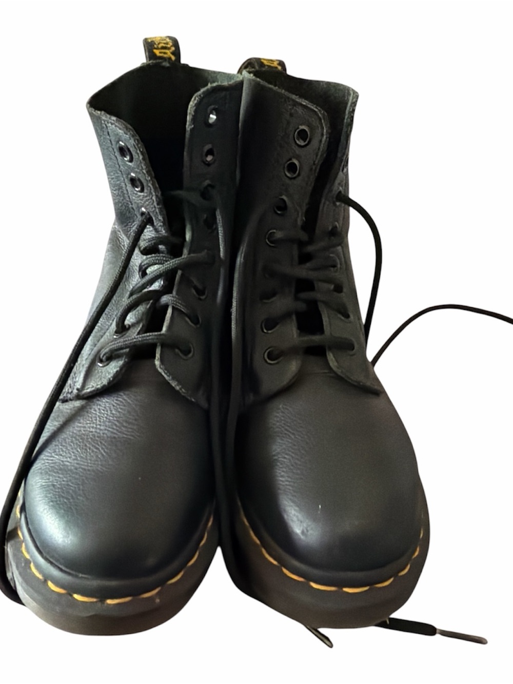 Dr. Martens size 6 L. Black Lace-Up Combat Boots with Yellow Stitching